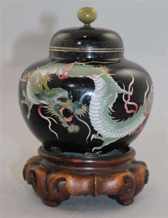 A Japanese silver wire cloisonne enamel dragon jar and cover, Nagoya school, Meiji period, 12.5cm diam., wood stand